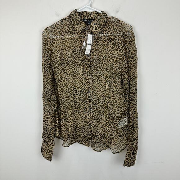 J.Crew Sheer Leopard Print Shirt Crinkle Chiffon Cupro Blouse Brown US 4 NWT - Picture 3 of 11